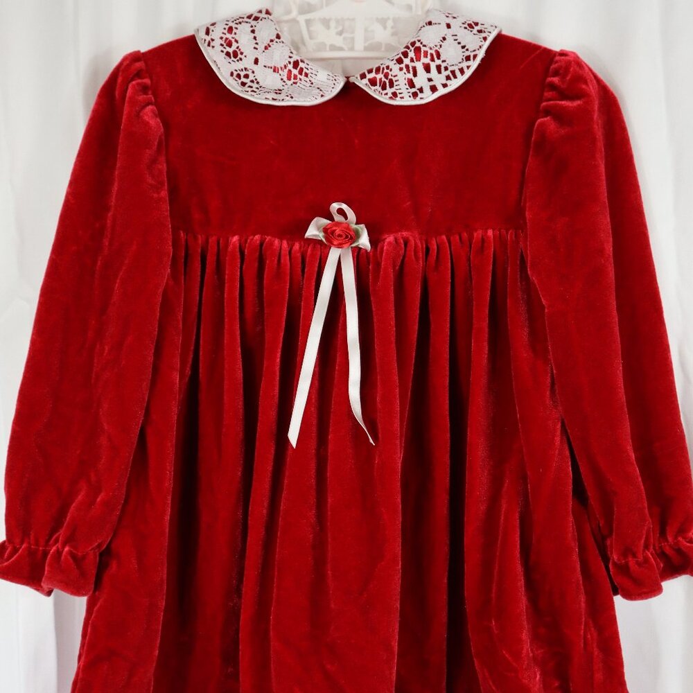 Girls 24 Months Vintage Velour Rose Cottage Red Christmas Dress Lace Trim